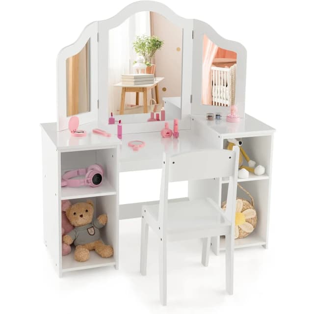Kinderijdelheid, 2-in-1 prinses make-up bureau en stoelenset met drievoudig opvouwbare afneembare spiegel, grote opbergplanken, houten alsof