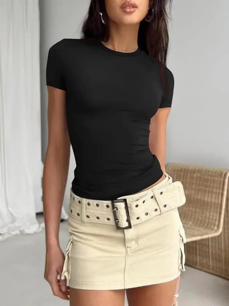 Vrouwen Korte Mouw T-shirts Causale O Hals Solid Slim Fit Tee Zomer Sexy Basic Crop Top Eenvoudige T-shirt Vrouwelijke Y2K tops Kleding