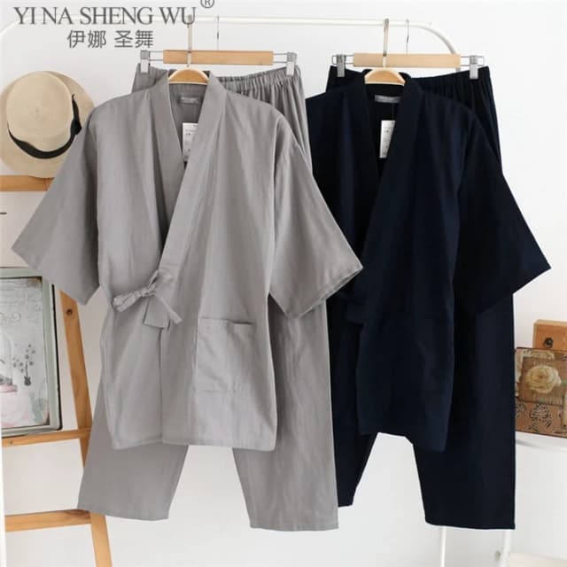 Mannen Traditionele Japanse Pyjama Set Katoen Gewaad Broek Kimono Haori Yukata Nachtjapon Wmoen van Zachte Jurk Nachtkleding Obi Outfits