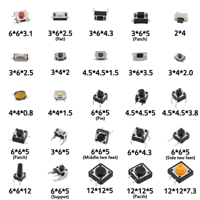 125 STKS Diverse Micro Drukknop Tact Switch Kit - 25 Types, Inclusief Reset & Mini Leaf Switches, SMD/DIP 2*4 3*6 4*4 6*6