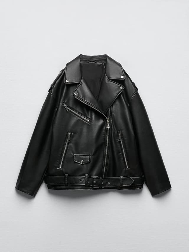 Ailegogo Vrouwen Losse Motorcycle Biker Zwart Pu Kunstleer Jas met Riem Lente Herfst Vrouwelijke Rits Jas Uitloper