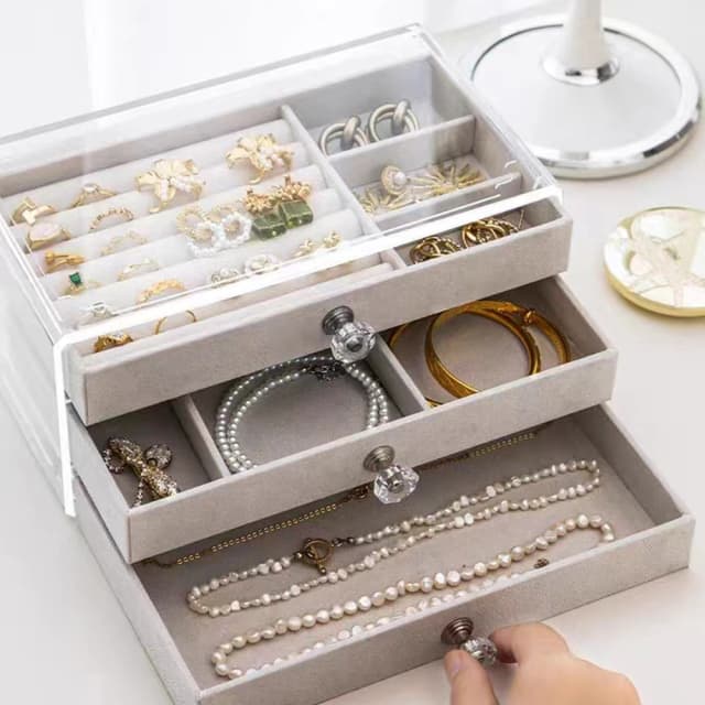 1-delig drielaags flanellen sieradendoosje met hoge capaciteit, lade, sieradendoos, opbergdoos, oorbellen, ketting, ring