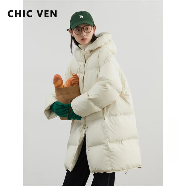 CHIC VEN Dames Donsjassen Losse Nieuwe 90 Witte Eend Donsjack Middellange Capuchon Vrouwelijke Donsjack Herfst Winter 2024