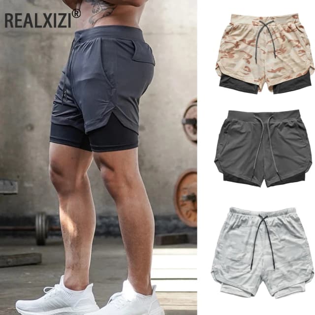 Heren Gym Sportshorts Joggen Hardlopen Ademend Fitness Oefening Dubbellaags shirt Verborgen zak Casual camouflageshorts