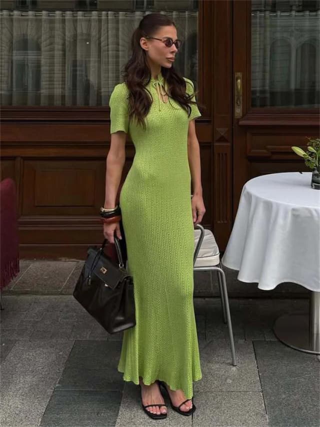 Tossy gebreide uitgeholde veterjurk vrouwelijke geribbelde korte mouw patchwork hoge taille elegante lange jurk gebreide damesjurk
