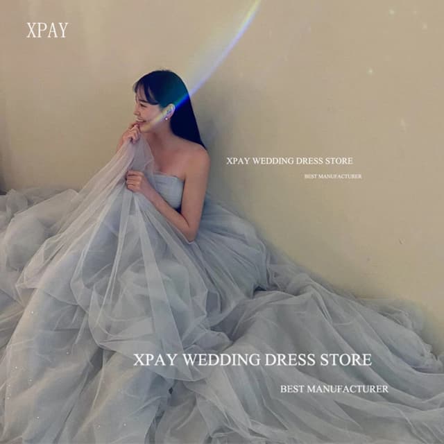 XPAY Eenvoudige stoffige blauwe zachte tule Korea galajurken Aangepaste strapless kant-up avondjurken Bruiloft fotoshoot Vloerlengte