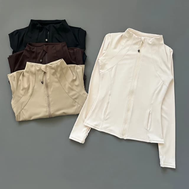 Sneldrogend fitnessjack met opstaande kraag voor dames, slim-fit ritssluiting, yogakleding, ademende hardloopsportfietstop met lange mouwen