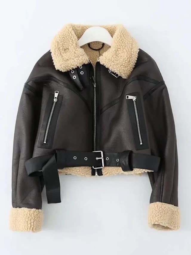 Ailegogo Winter Vrouwen Streetwear Faux Lamsleer Bont Korte Jas met Riem Moto Biker Dikke Warme Schapenvacht Jas Uitloper