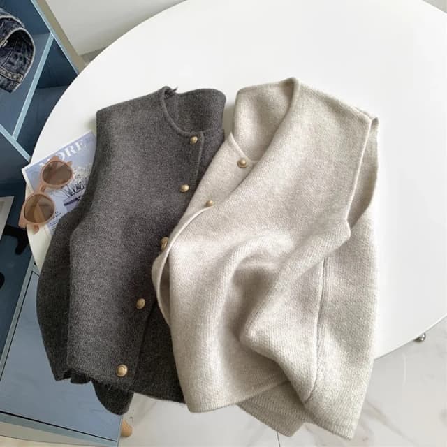 Mode Kantoor Dame Elegante Tops Lente Herfst Dames Effen Knop V-hals Mouwloos Casual Trui Gebreid Vest Vest Jassen