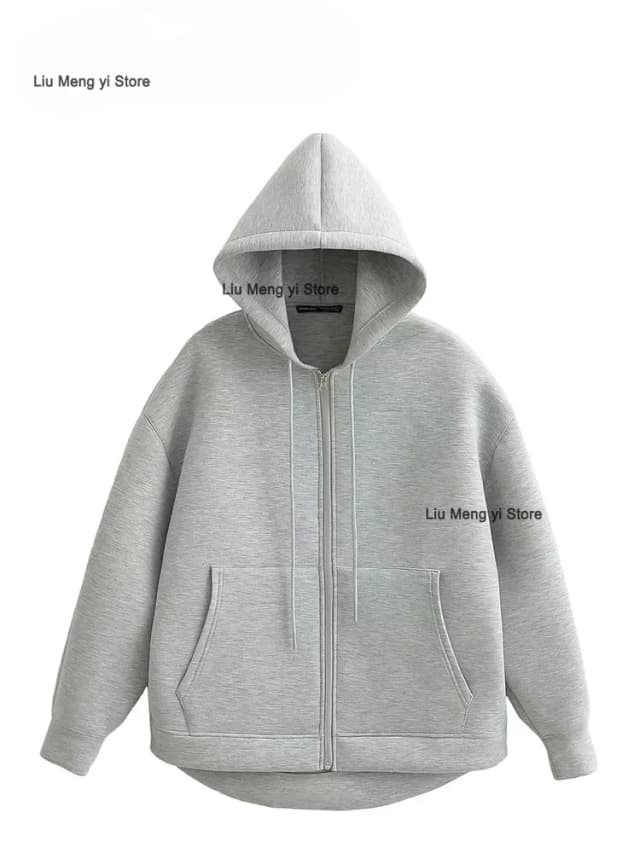 TRAFZA Herfst Vrouwen Grijze Jas Met Kap Lange Mouw Grote Zak Rits Jas Jas Vrouw Losse Casual Bovenkleding Jas Tops