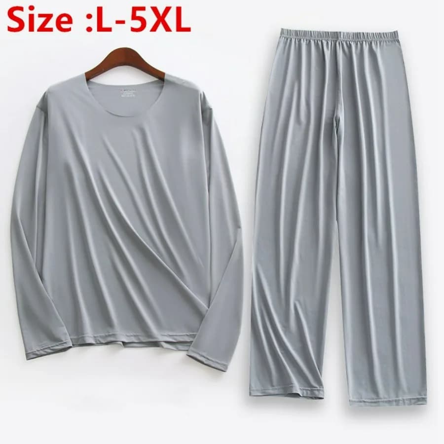 Plus Size 5XL Mannen Ijs Zijde Pyjama Set Effen Lange Mouw Tops en Broek Nachtkleding 2 stuks Sets Zachte Comfy lounge Thuis Nachtkleding Mannelijke