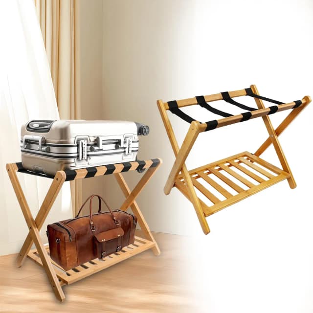 Bagagerek Hout Heavy Duty Draagbare Opvouwbare Verdikte Organizer Twee-Tier Plank Koffer Stand Voor Logeerkamer Hotel Slaapkamer