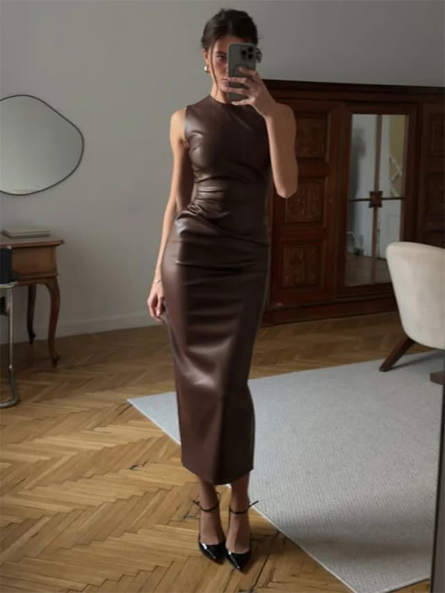Tossy PU sexy mode maxi-jurk voor vrouwen hoge taille mouwloze slanke patchwork effen skinny streetwear vrouwelijke bodycon-jurk nieuw