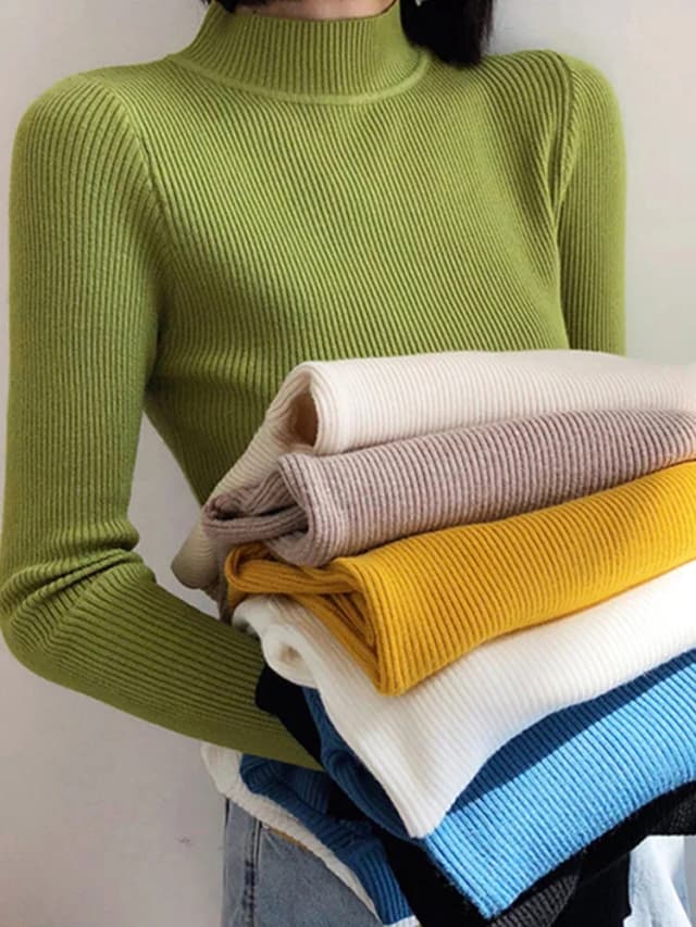 Herfst Winter Mock Hals Vrouwen Trui Vintage Basic Effen Gebreide Tops Casual Slanke Trui Koreaanse Truien Eenvoudige Chique Jumpers
