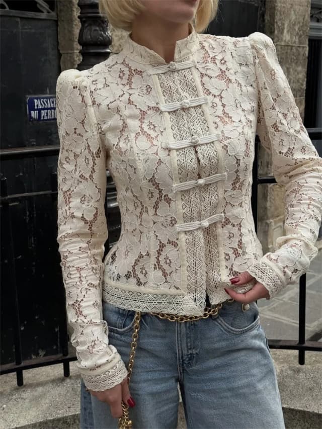 Tossy Zomer Kant Bedrukte Shirts Tops Vrouwelijke Holle Mode Pendelen Vintage Doorzichtige Blouse Dames Kanten Schouderophalen Shirts Nieuw