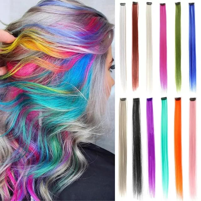 Synthetische lange rechte haarverlenging Regenboog Kleurrijk haarstukje Paars Rood Modepruik voor voor dagelijks Halloween-kostuumfeest C