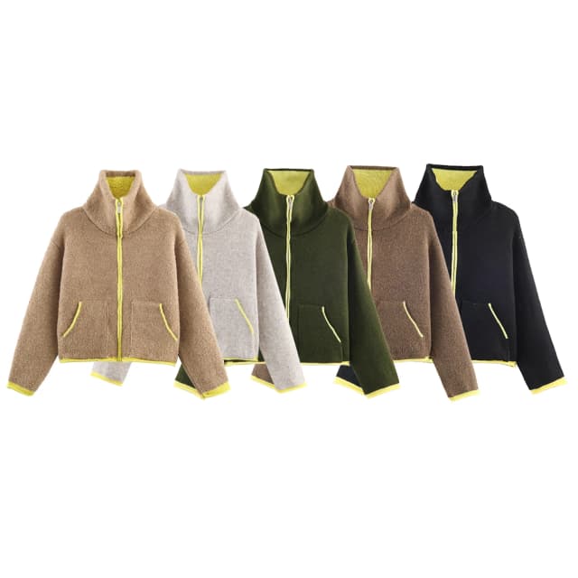 Nieuw product voor dames, luie stijl, losse contrasterende kleur, decoratieve laag, gebreide pilotenjas