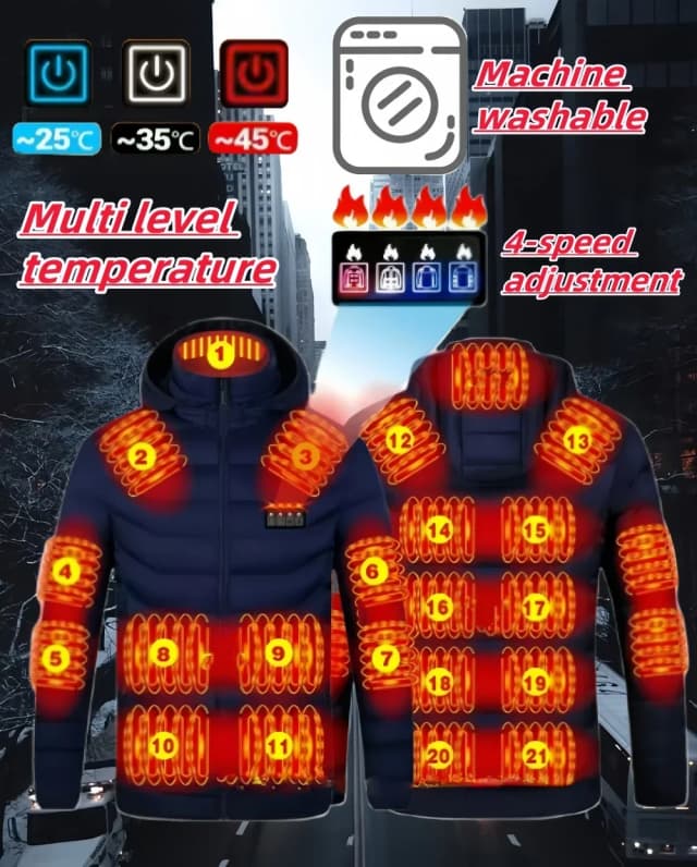 USB 21/23/25 Multi-zone Verwarming Kleding Mode Kapmantel Winter Koud Warm Tooling Jas Eenvoudige Effen Kleur Herenkleding