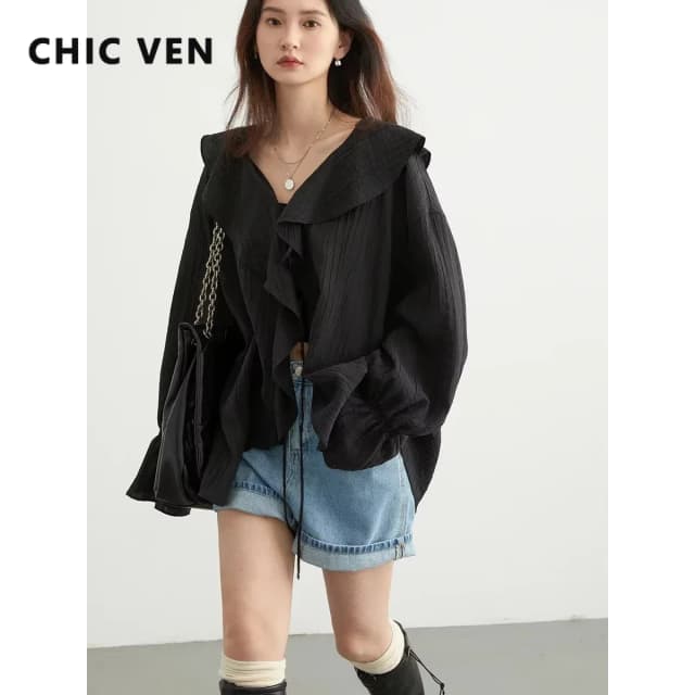 CHIC VEN Vrouwen Shirt Losse Casual Verstoorde Randen Vrouwelijke Blouses Effen V-hals Lace Up Mid Lengte Dames Shirts Lente Zomer 2025
