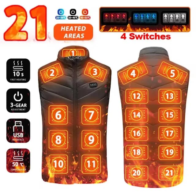 21-verwarmde vestzones Elektrisch verwarmde jassen Heren Dames Sportkleding Verwarmde jas Grafeen warmtejas USB-verwarmingsjas voor kamperen