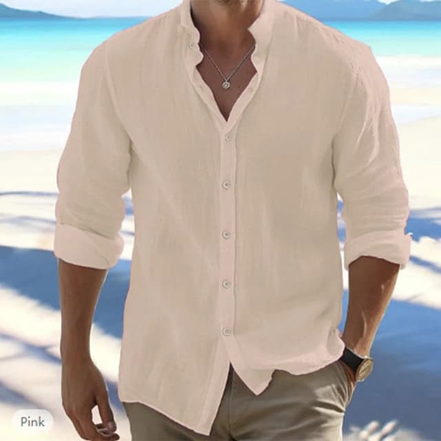 Katoen Linnen Hot Sale Herenoverhemden met lange mouwen Zomer Effen kleur Opstaande kraag Casual strandstijl Grote maten