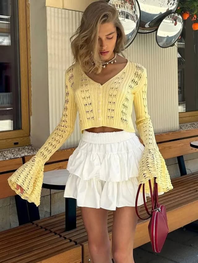 Tossy Knitwear Hollow Out Trui Vest Vrouwen V-hals Lange Mouw See-Through Cropped Top Zomer Gebreide Patchwork Vest Top