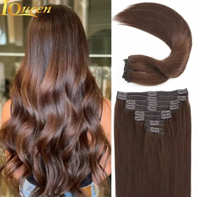 Clip-in haarextensies Echte menselijke haarkleur # 4 chocoladebruine clip-in haarextensies 8 stuks haar natuurlijke zwarte kleur 24 inch