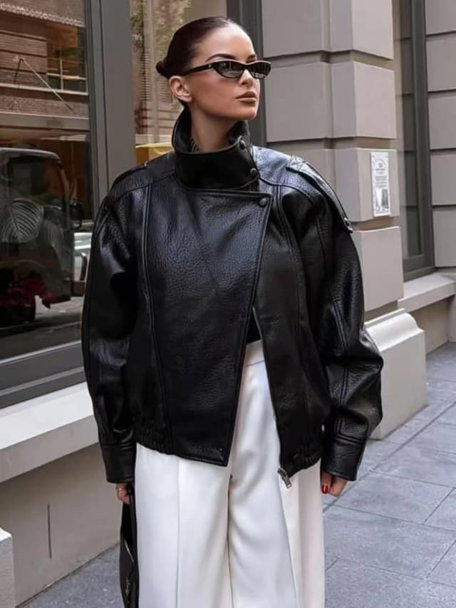 TFMLN 2025 Vrouwen Kunstleer Losse Jas High Street Stand Kraag Lange Mouw Jas Mode Causale Rits Uitloper Herfst Winter