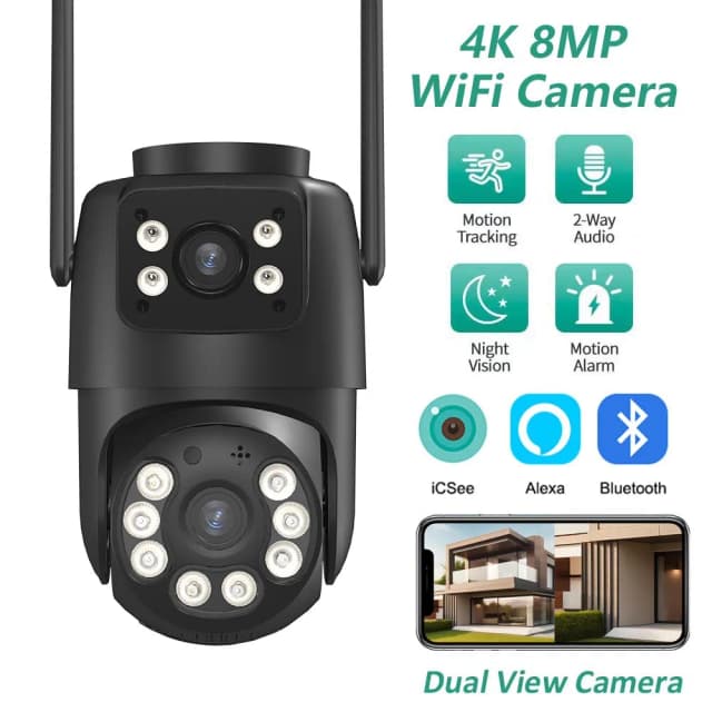 BELIA 4K 8MP WiFi-bewakingscamera, 4x digitale zoom, PTZ IP-camera ONVIF dubbele lens, AI menselijke detectie, buitenbeveiliging ICSEE