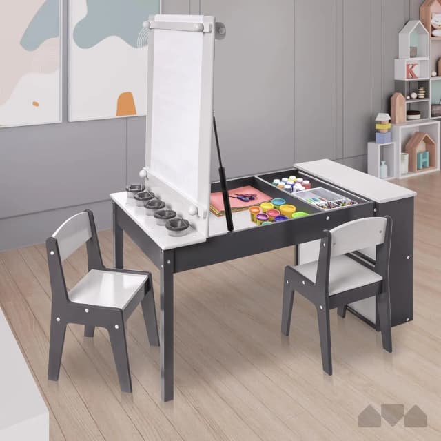 3-in-1 kunsttafel en 2 stoelenset voor kinderen, activiteitentafel met opbergruimte, schildersezeltransformatie 5 verfbekers, 6 opbergbakken, papierrol