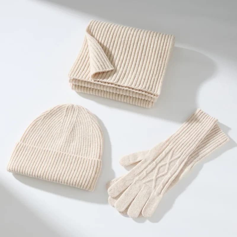 Wollen muts sjaal en handschoenensets Gebreide geribbelde driedelige set Winteraccessoires