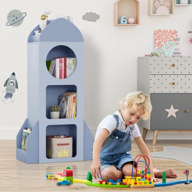 3-laags raket babyboekenplank zijplanken, houten open boekenkast voor peuters, kinderboekenplank en speelgoedopslag, ruime display-organizer