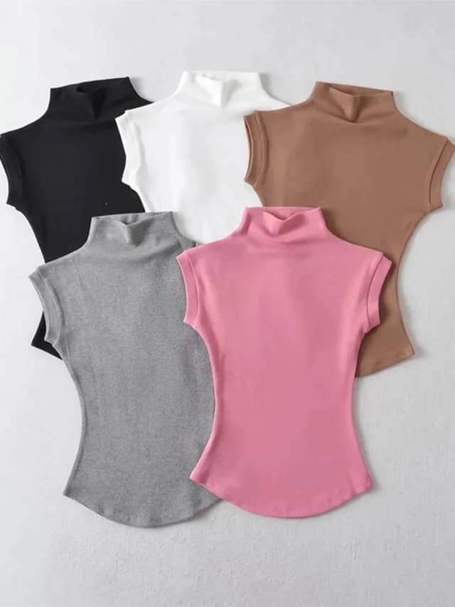 Vrouwen Zomer Sexy Coltrui Mouwloze T-shirts Tops Solid Slim Fit Truien Causale Tees Shirts Vrouwelijke Streetwear Basics Tees
