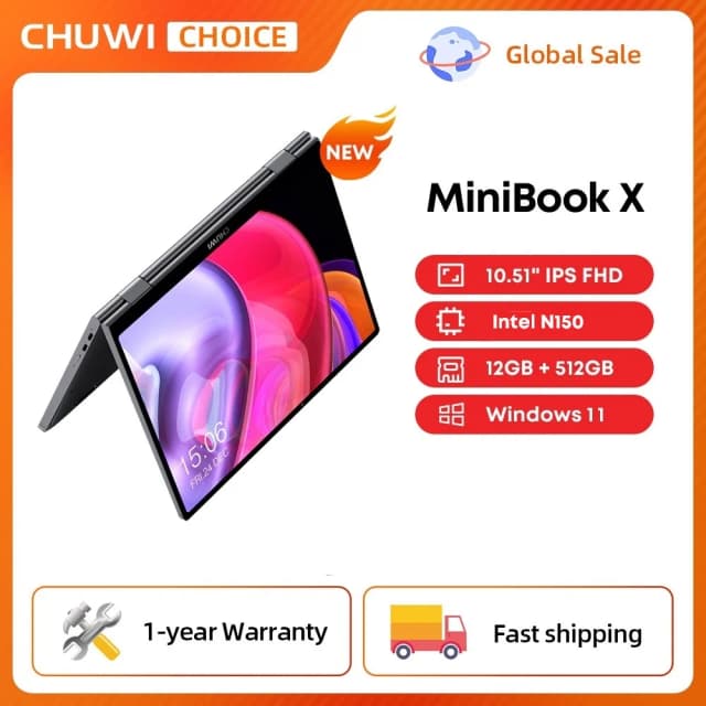 CHUWI MiniBook X Laptop Tablet 2 In 1 Intel N150 CPU 10.51 "FHD IPS Scherm 12GB LPDDR5 512G SSD Windows 11 Notebook 1200*1920