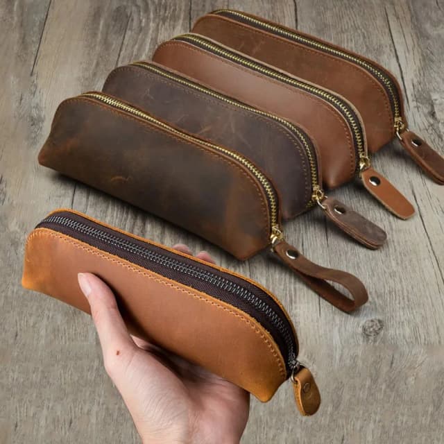 Vintage lederen potloodtas Eenvoudig briefpapier Hoder Penetui Opbergtas Rits potloodzakje Glazen doos Schoolbenodigdheden