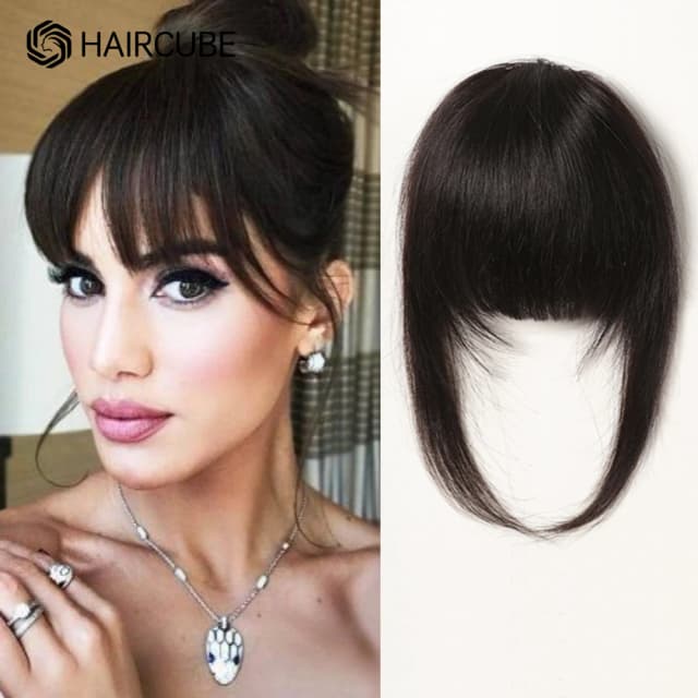 Clip-in pony 100% echt haar pony Dikke Franse natuurlijke zwart bruin haar pony met tempels Clip op pony haarstukken voor vrouwen