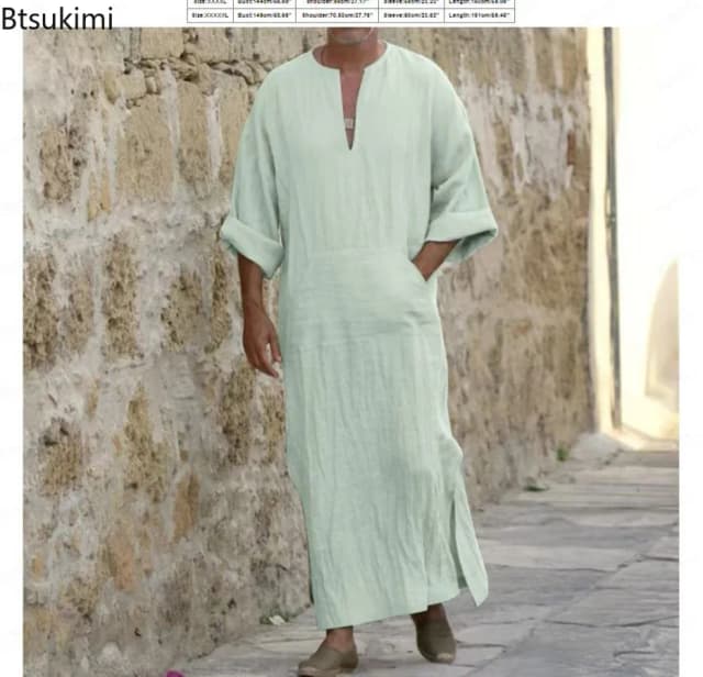 2025New Mannen Lange Linnen Jubba Thobe Kaftan Moslim Arabische Islamitische V-hals Lange Mouw Effen Katoen Linnen Gewaad Moslim Arabië Man Abaya