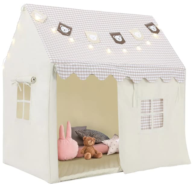 Kindertent voor binnenshuis, kinderspeelhuis met mat en verlichting, speeltent met vlagbanner en ramen, voor jongens en meisjes 1-8Y