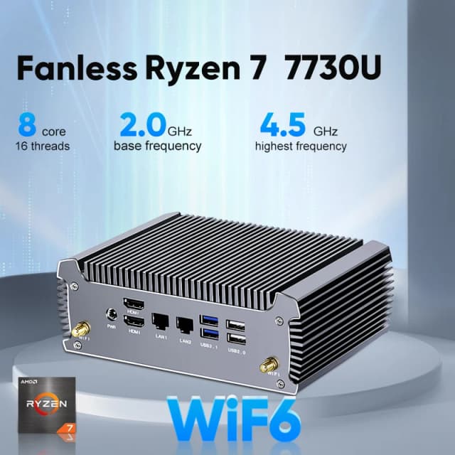 Fanless AMD Mini PC FU02 Ryzen 7 7730U 5800U Gaming Mini Computer Windows 11 Dual LAN Firewall PC 2 * HDMI2.0 NVMe DDR4 WiFi6