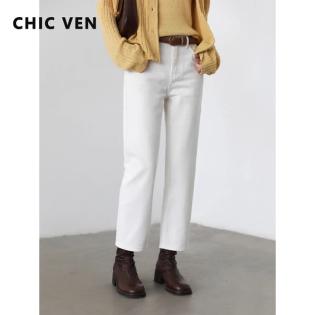CHIC VEN Vrouwen Broek Wit Slanke Hoge Taille Katoen Rechte Been Casual Slanke Been Jeans Meisje Broek Lente Herfst 2025