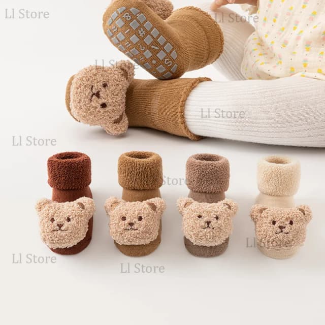 Nieuwe Leuke Cartoon Beer Babysokjes Voor Jongens Meisjes Winter Zacht Katoen Anti Slip Effen Pasgeboren Peuter Sok Kinderen Dikker Socken