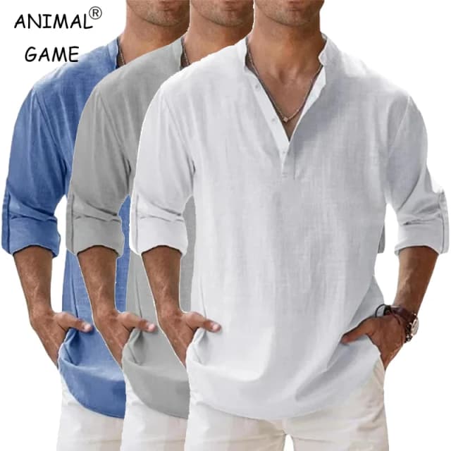 Streetwear Mannen Lichtgewicht Shirts Lange Mouw Henley Katoen Linnen Shirts voor Mannen Strand Hawaiiaanse Shirts Ademende Kraag T-shirts