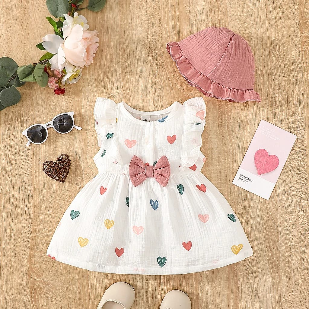 2 Stuks Jurk Kleding Set Pasgeboren Baby Meisje Liefde Print Mouwloze Jurk Met Hoed Zomer Mode Leuke Slijtage Voor baby Meisje 0-9Months