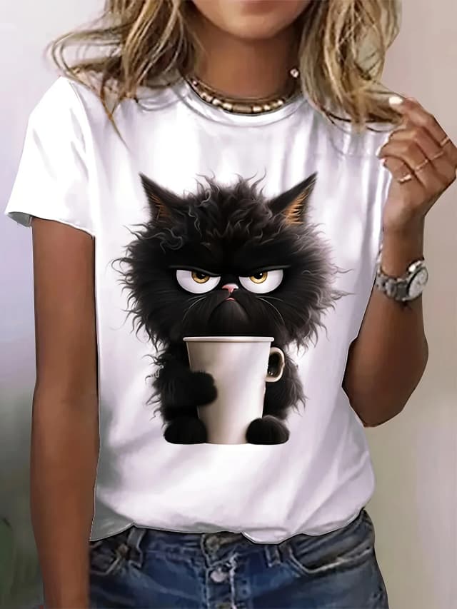 T-Shirt Met Kattenprint, Casual Top Met Korte Mouwen En Ronde Hals Voor Lente En Zomer, Dameskleding
