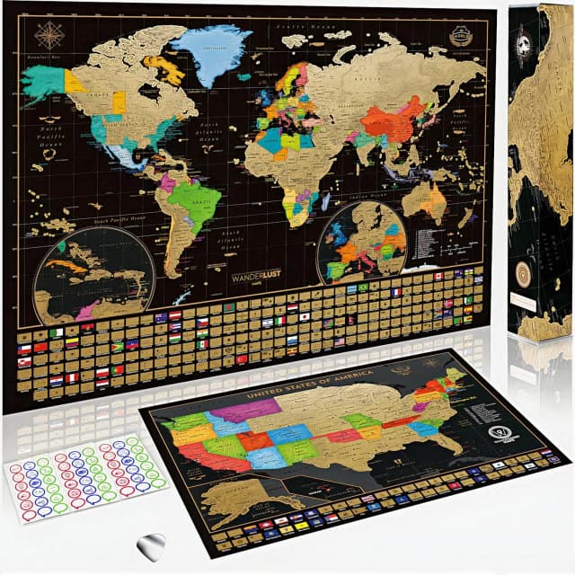 One Scratch Map - Wereldkaart (groot formaat: 32,5 x 23,4 inch) - Deluxe Scratch-reisposter voor volwassenen, zwarte en gouden kaart