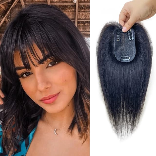 100% Echt haar 7X10cm Haarnetje met Franse pony Toupetje 25cm Rechte Clip in Haarverlenging Verbeteren Volume Topper Haarstukken
