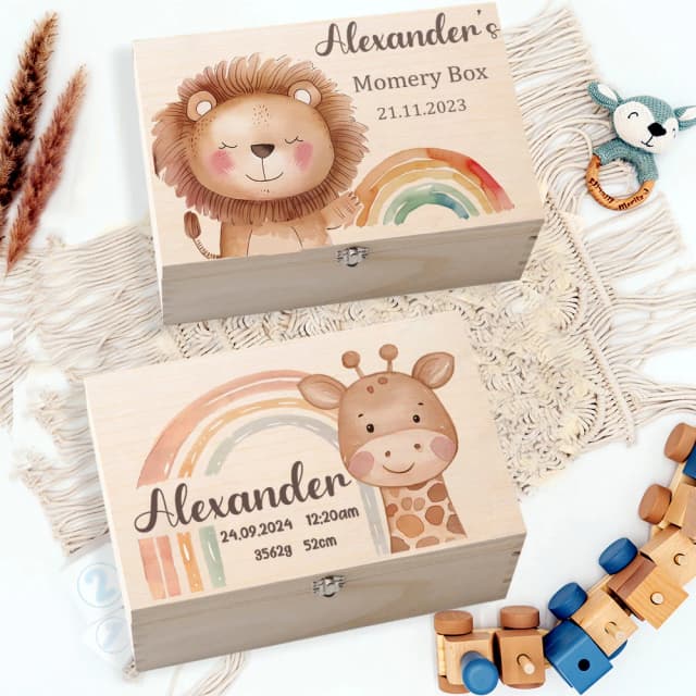 Gepersonaliseerde Keepsake Box Aangepaste Naam Geheugen Dozen Dierlijke Regenboog Print Hout Kid Memories Case Aangepaste Kind Verjaardag Douche Cadeau
