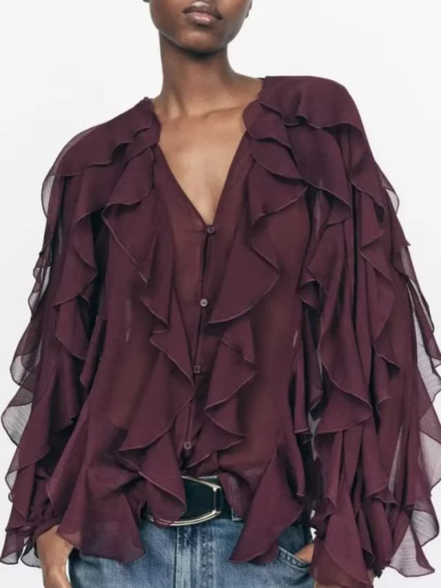 2023 Zomer Chic Dames Elegante Losse Lange Mouwen Gelaagde Shirts Kantoor Dame Vintage V-hals Doorschijnende Gelaagde Ruches Blouses