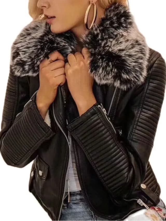 2025 Hot Fashion Vrouwen Nieuwe Winter Warm Kunstleer Jassen met Bontkraag Riem Dames Dikke Zwarte Moto & Biker Bovenkleding jassen