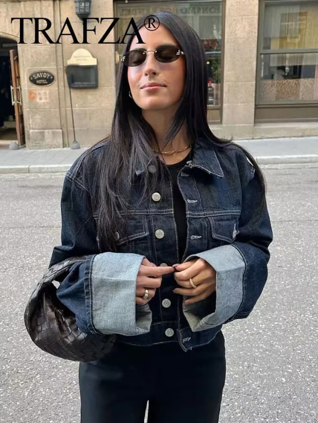 TRAFZA Dames Vintage Denim Jasje Single Breasted Revers Lange Mouw Jas Met Zakken Donkerblauw Denim Jasje Mode High Street